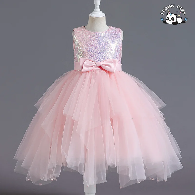 LEZONKIDS - Girls' Dress Sleeveless Skirt Irregular Short Dress Mesh Sequin Dress